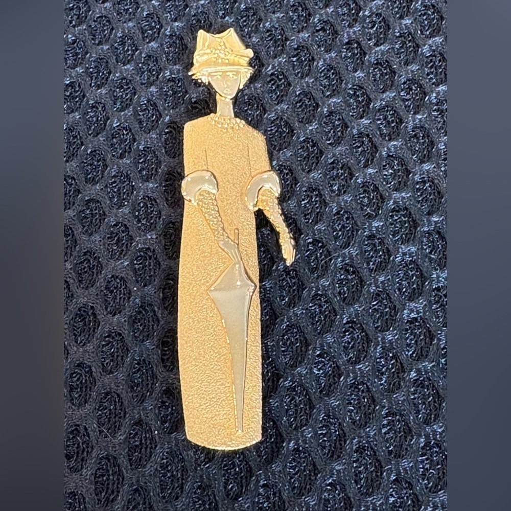 Vintage Fortin 1999 Gold-Tone Lady with Umbrella Brooch Pin